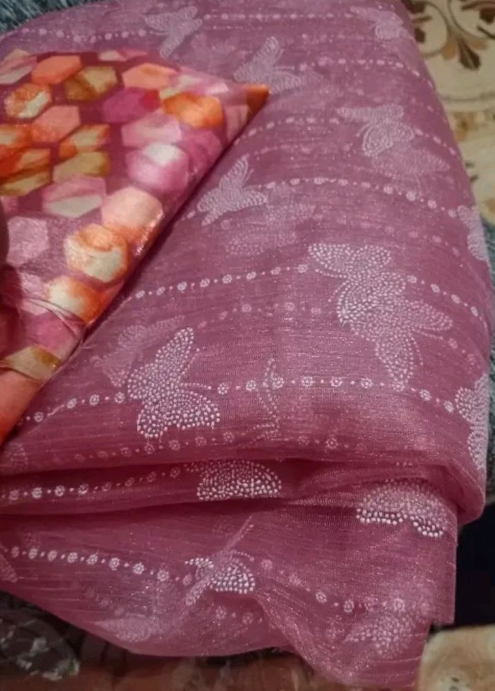 Pretty Pink Saree With Blouse Pieces
