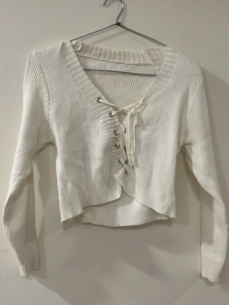 White Lace-Up Knit Sweater