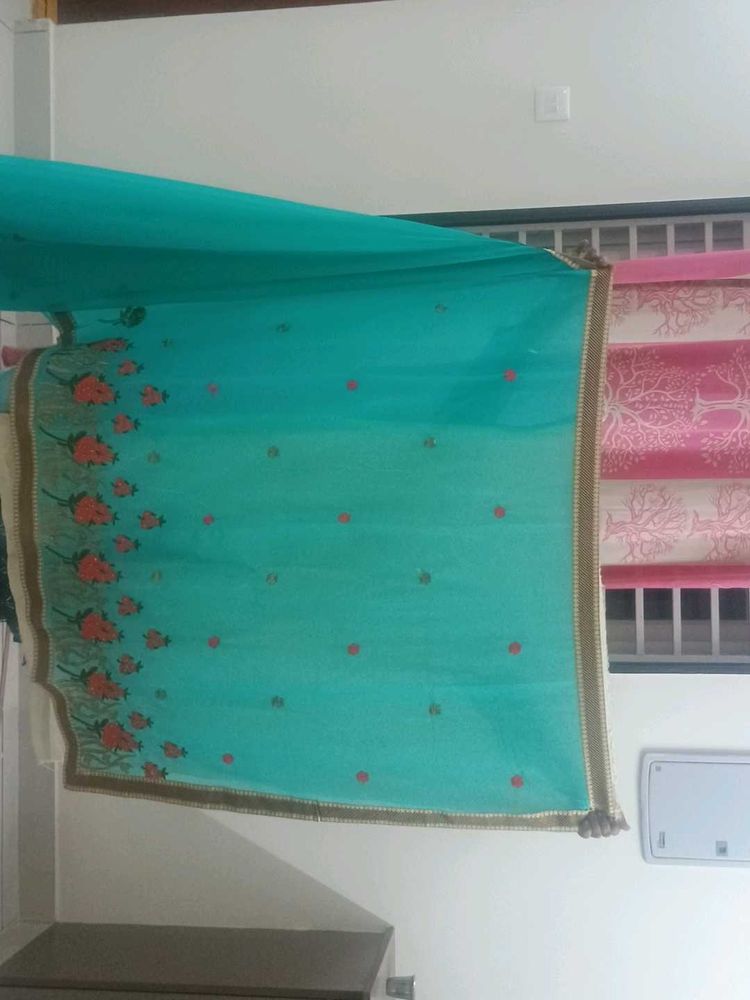Teal Floral Sari