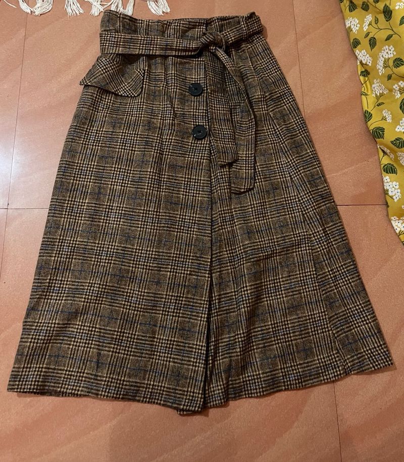 Korean Plaid Midi Skirt with Belt