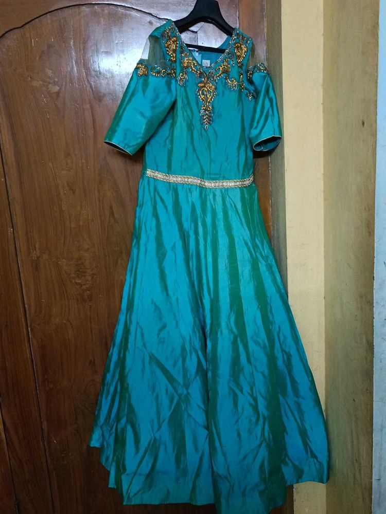 Teal Embellished Cold Shoulder Anarkali Dress