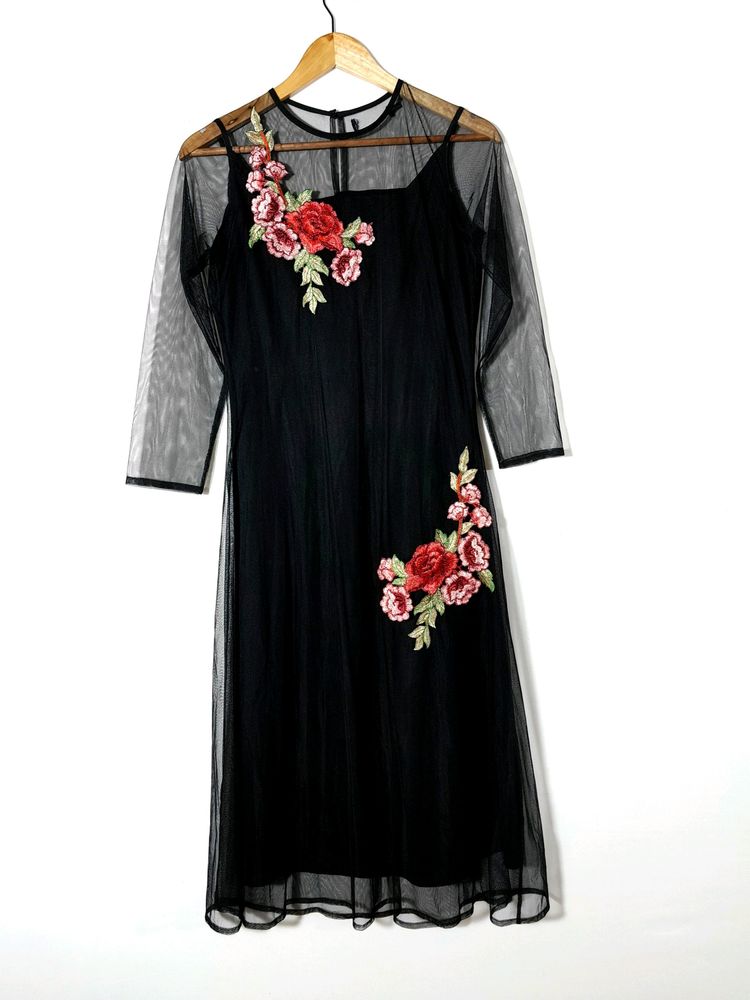 Black Net Embroidered Kurtha (Women&#39;s)