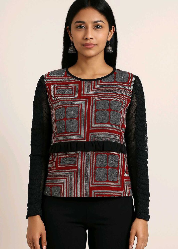 Black And Red Top With Mesh Sleves