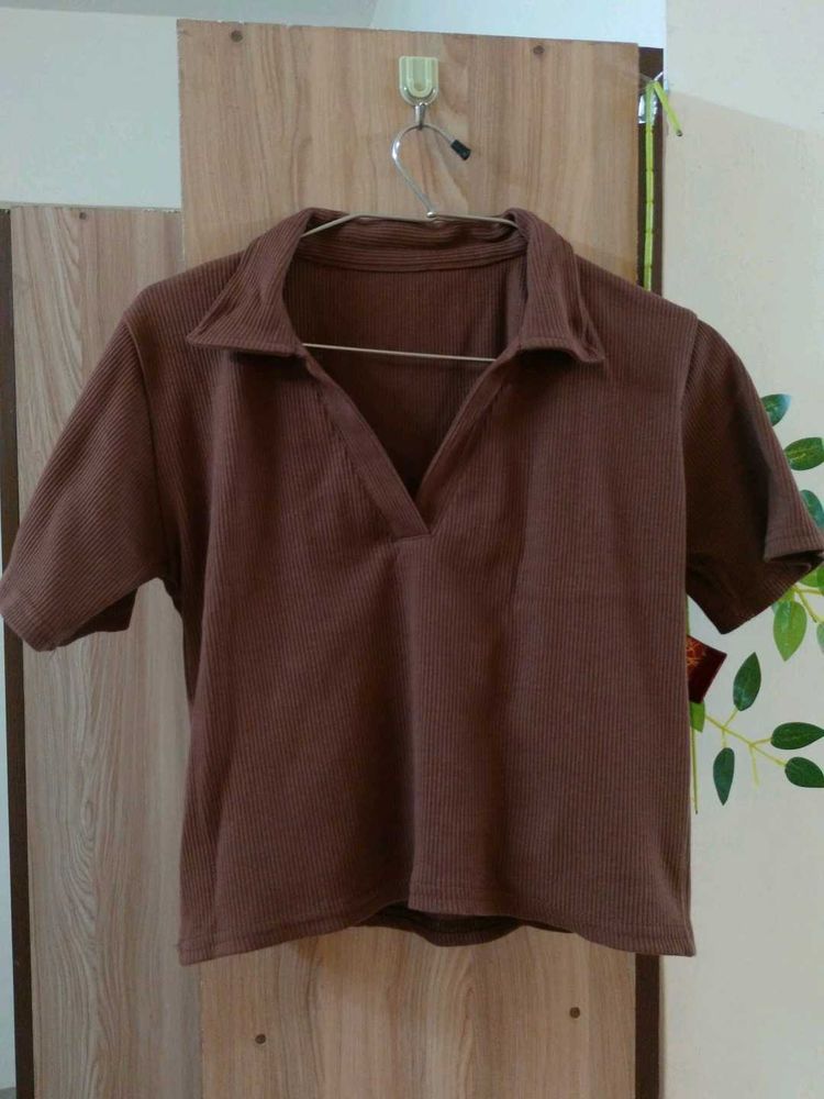 Brown Polo Crop Top