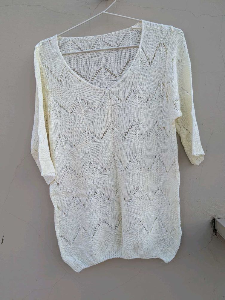 Cream Knit V-Neck Top