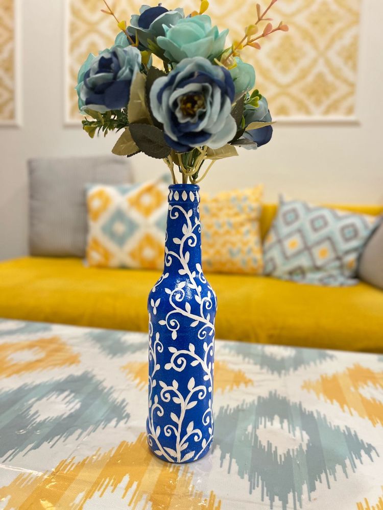 Handpainted Blue Floral Glass Bottle Vase