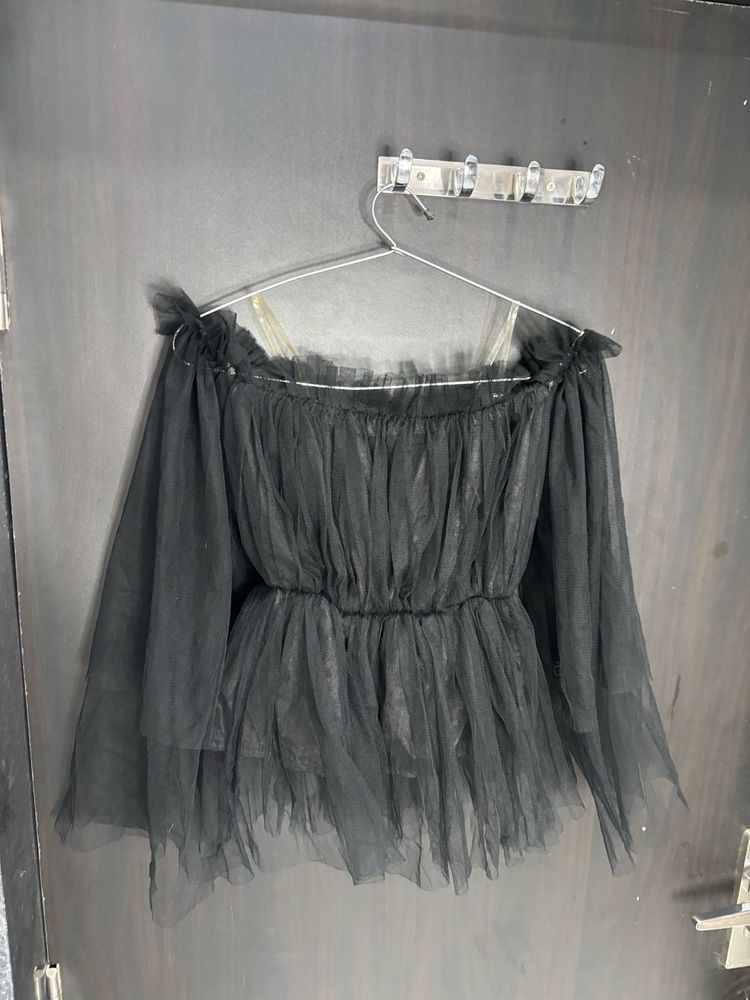 Black Tulle Off-the-Shoulder Top