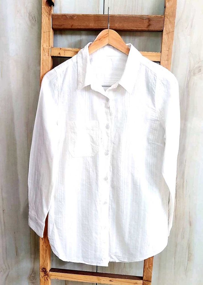 White Self Design Cotton Shirt Si,e-38-L