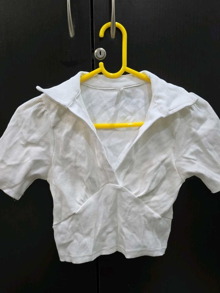 White Crop Top with Collar