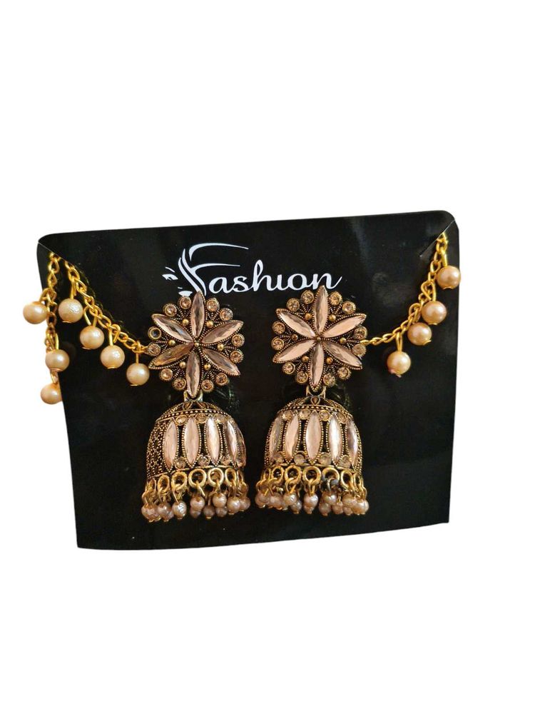 Gold Tone Jhumka Earrings with Pearl Details