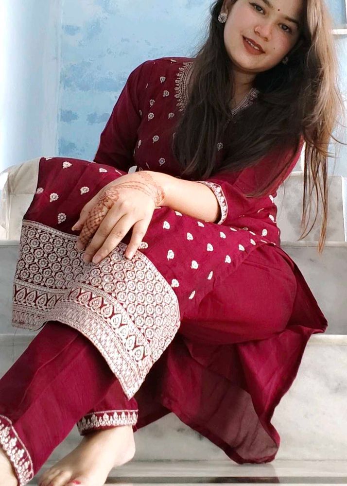Maroon Embroidered Kurta Set