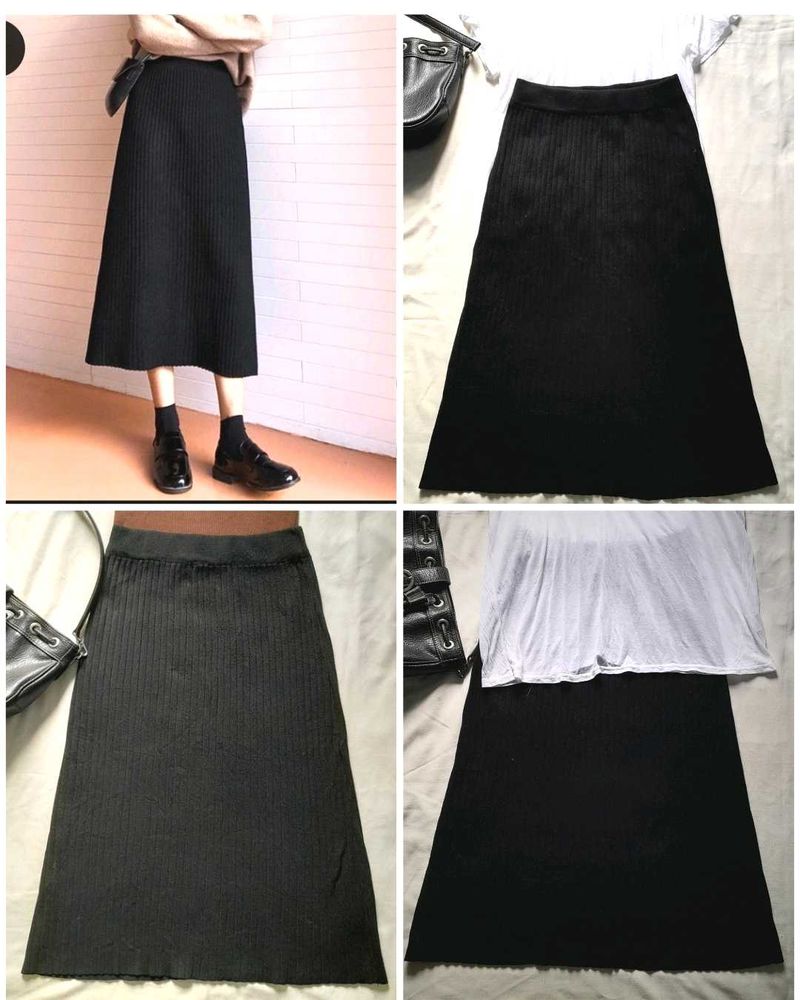Black Wool Midi Skirt