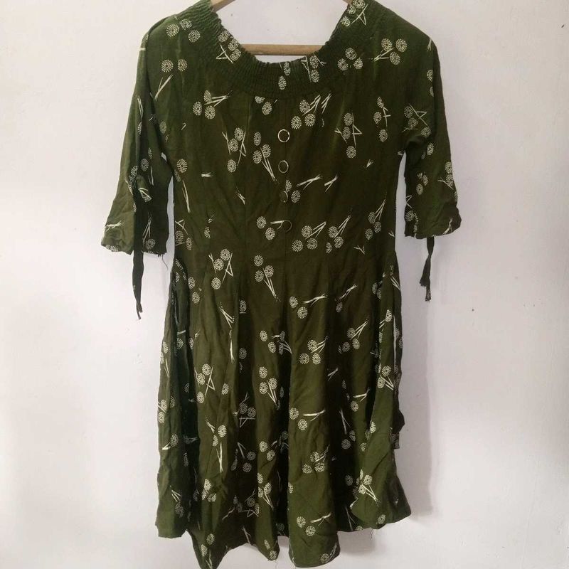 Olive Green Printed Dress