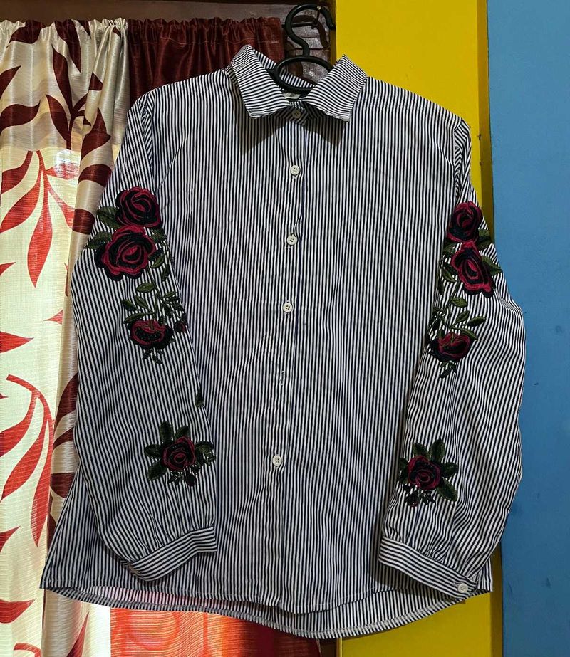 Striped Rose Embroidered Blouse