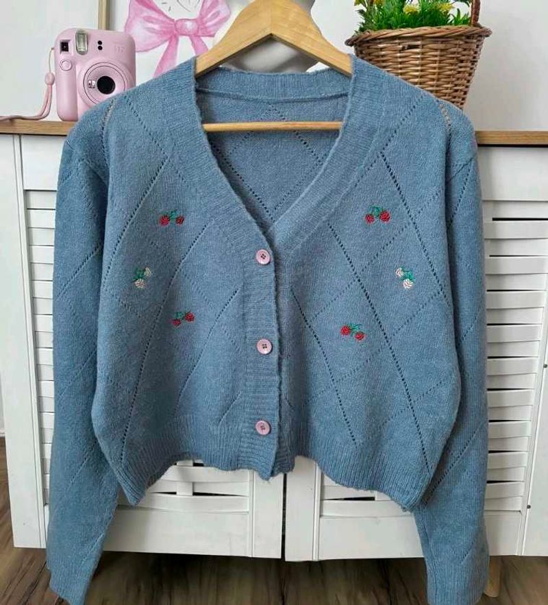 blue knit cardigan