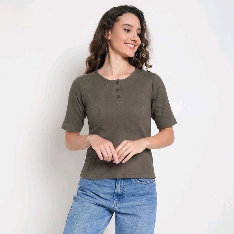 Olive Ribbed Henley Tee
