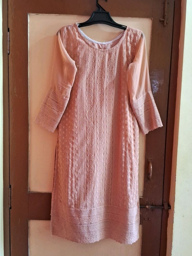 Trendy Nude Colour Chikankari Long Kurti