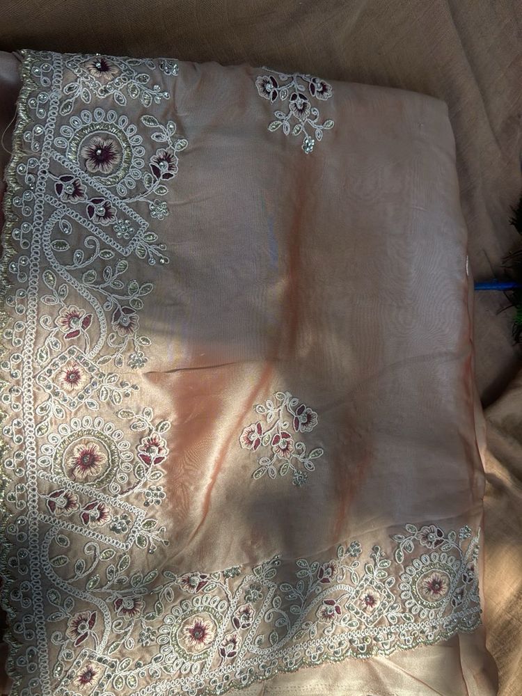Soft Peach Embroidered Saree with Elegant Floral W