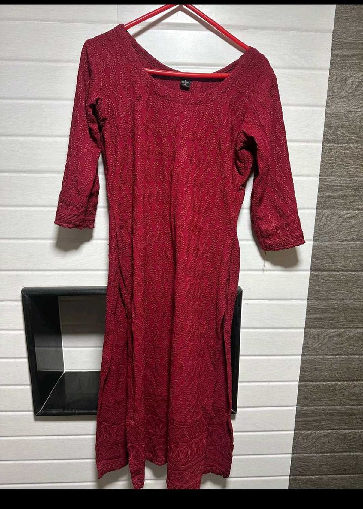 Red Embroidered Chikamkari Kurti