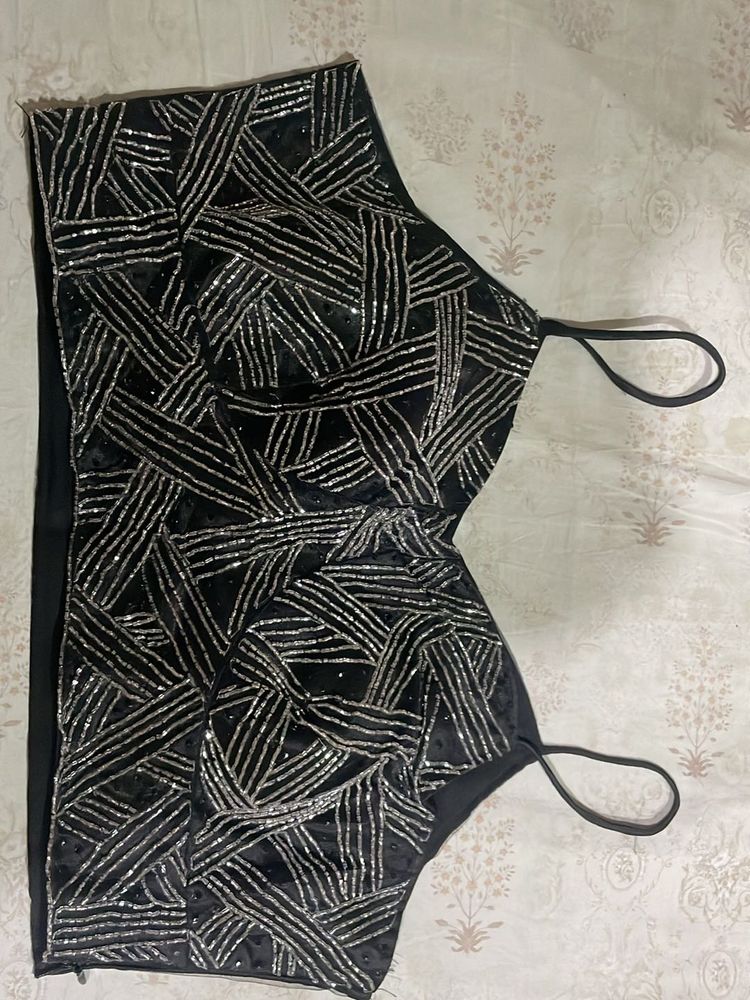 Black Blouse Top With Pipe And Sequence Work