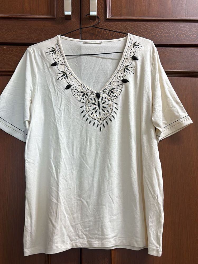 M&amp;S Embellished Cream T-Shirt
