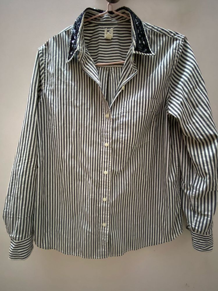 beaded collar striped shirt