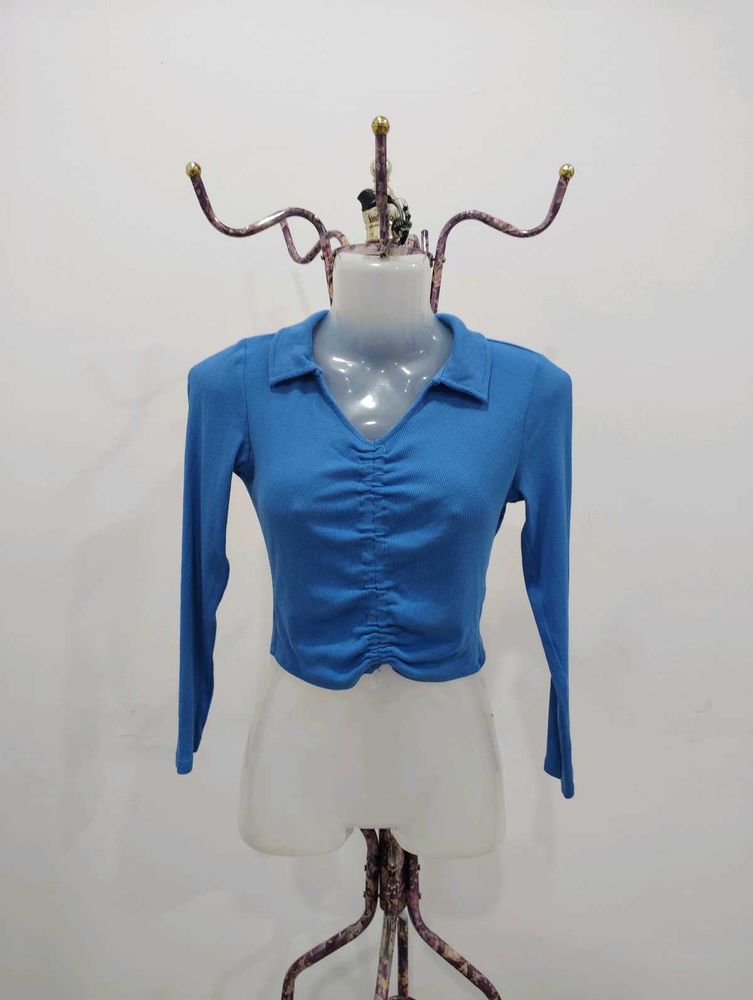 Blue Ruched Front Crop Top