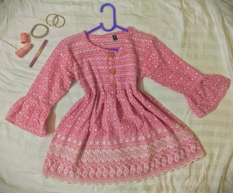 Pink Embroidered Fit And Flare Kurti
