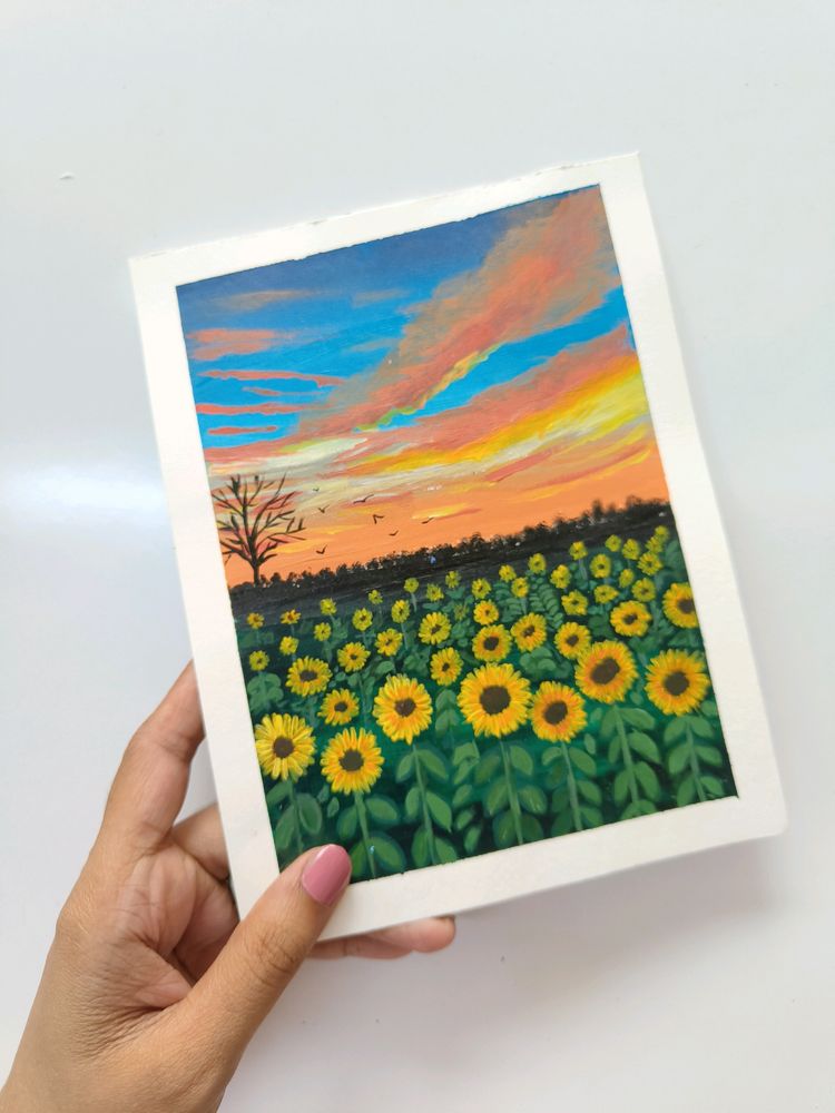 Sunflower Field With Beautiful Sunset Painting