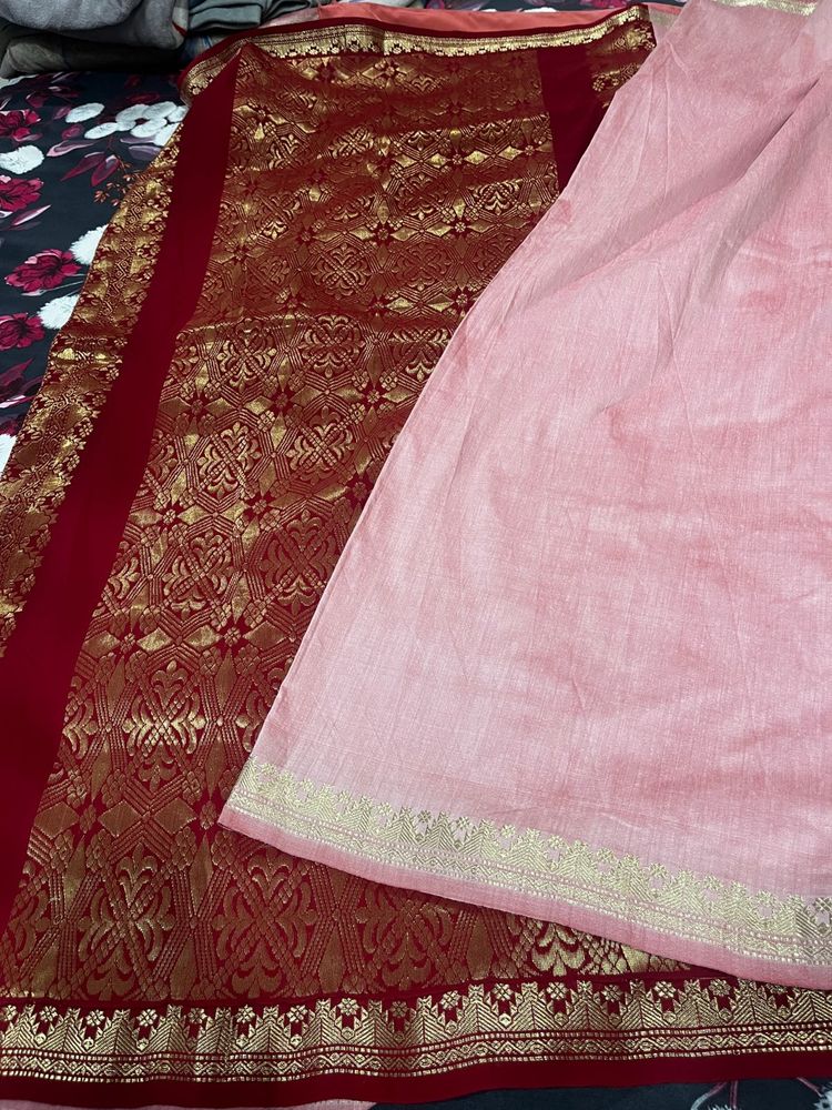 Lite Pink Colour Saree With Maroon Haevy Pallu