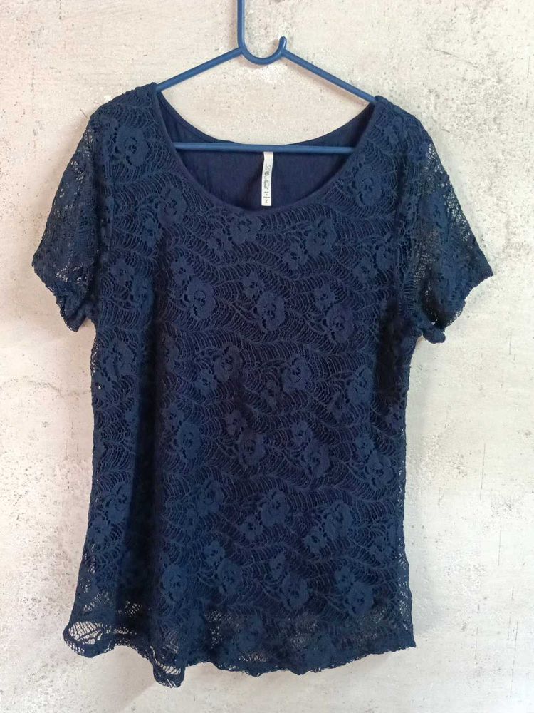 Trendy Women&#39;s Lace Top Layered Navy Blue