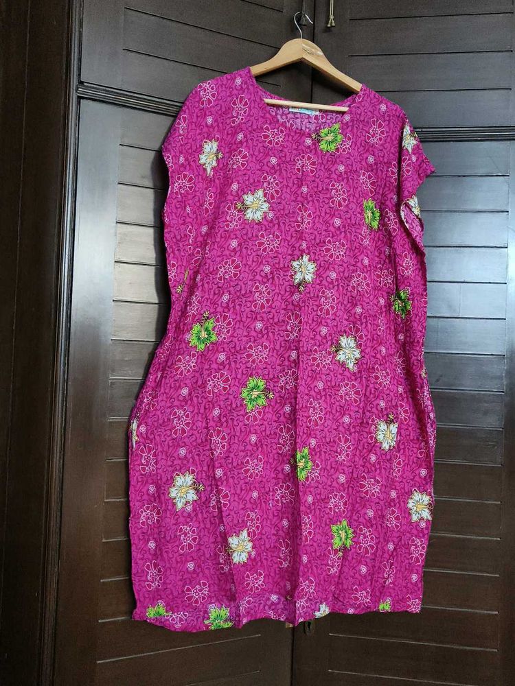 Women Pink Cotton Mix Floral Printed Kaftan Dress