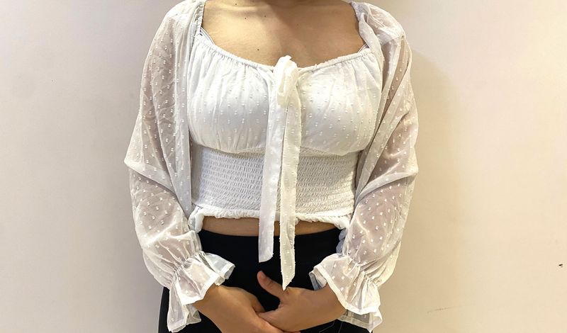 White Swiss Dot Tie-Front Blouse