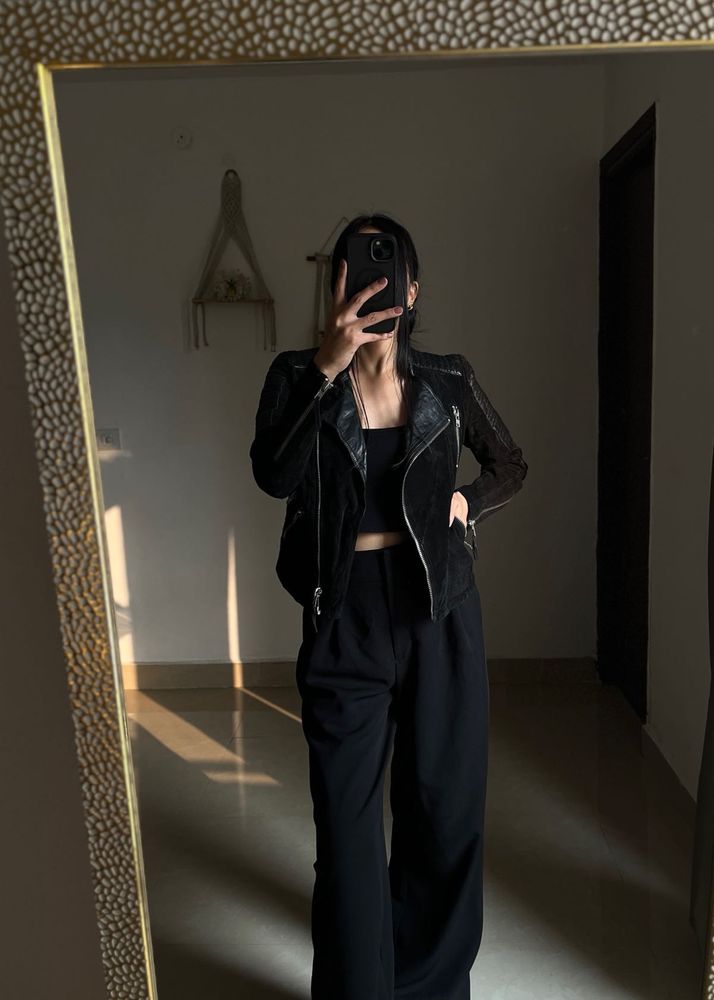 MANGO BLACK LEATHER &amp; SUEDE BIKER JACKET