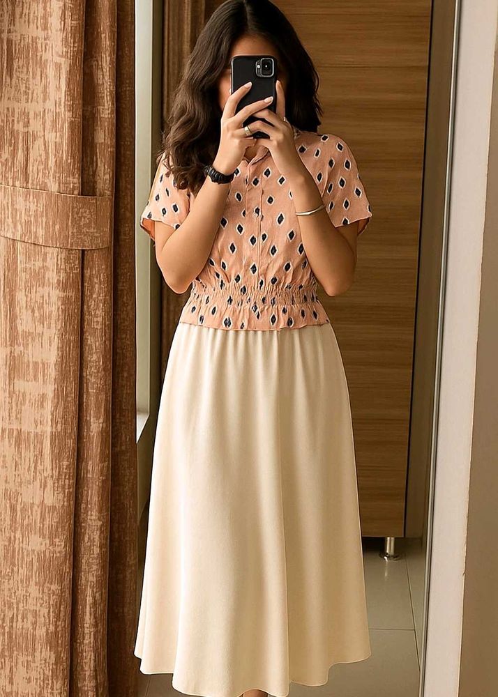 Peach Plant Print Smocked Waist Top