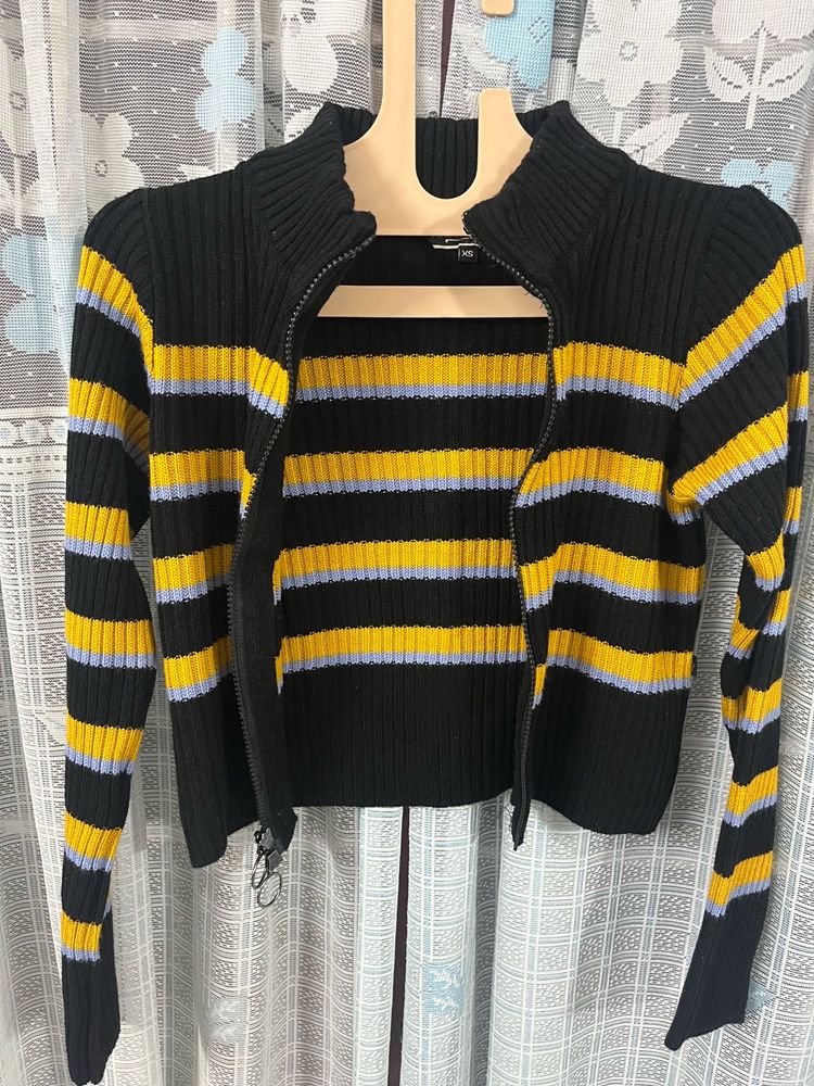 Striped Zip-Up Knit Cardigan