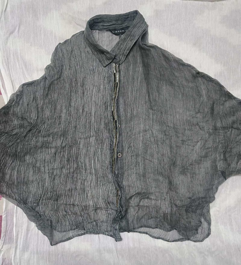 Gray Sheer Button Down Top