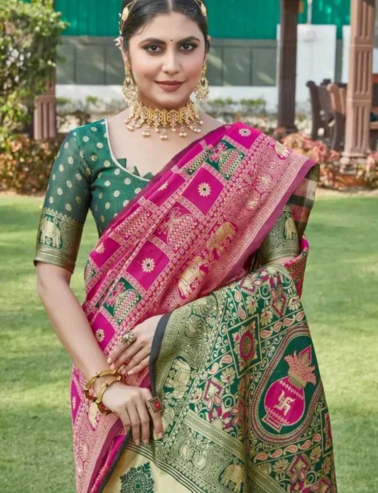 Elegant Pink &amp; Green Saree
