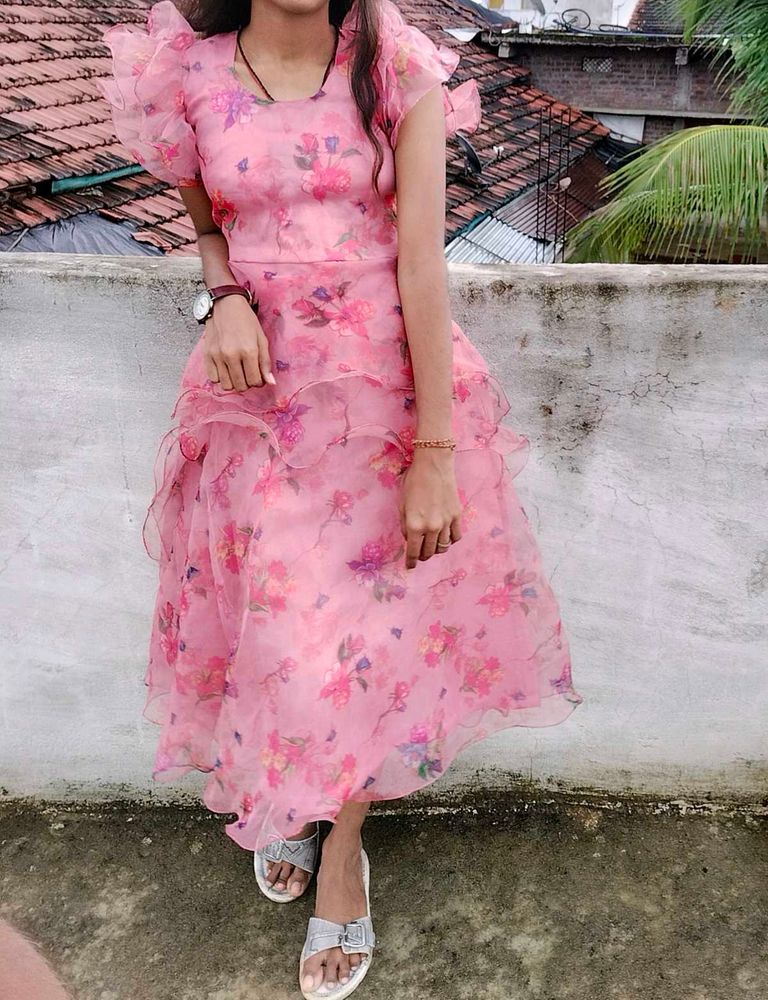 Pink Floral Ruffle Midi Dress