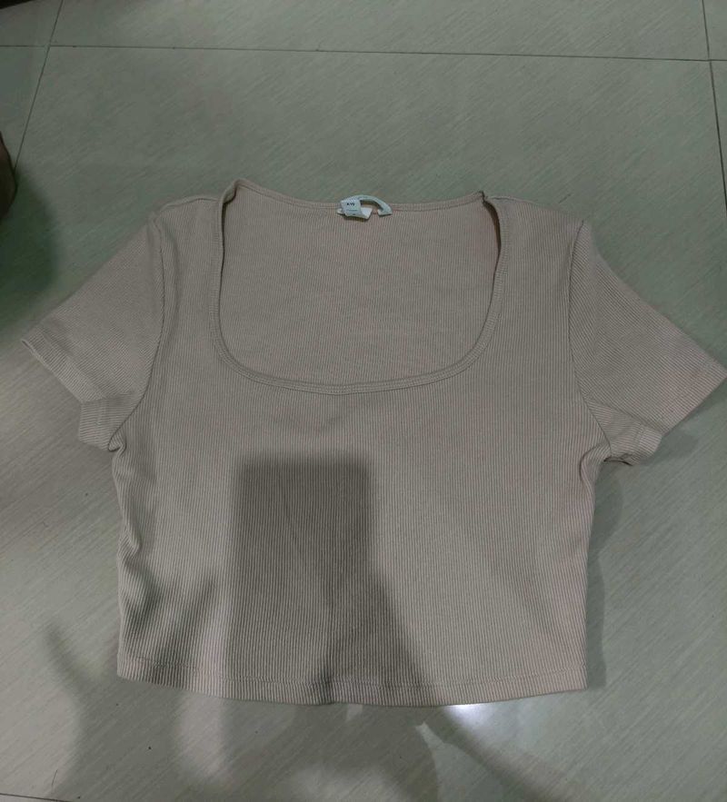 H&amp;M Solid Ribbed Cropped Tee - Tan