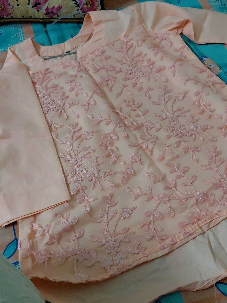 Peach Embroidered Up Down Short Kurti