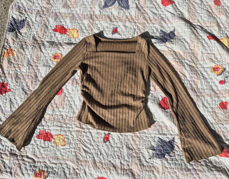 Brown Ribbed Bell Sleeve Top