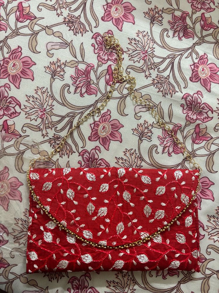 Red Embroidered Clutch Bag