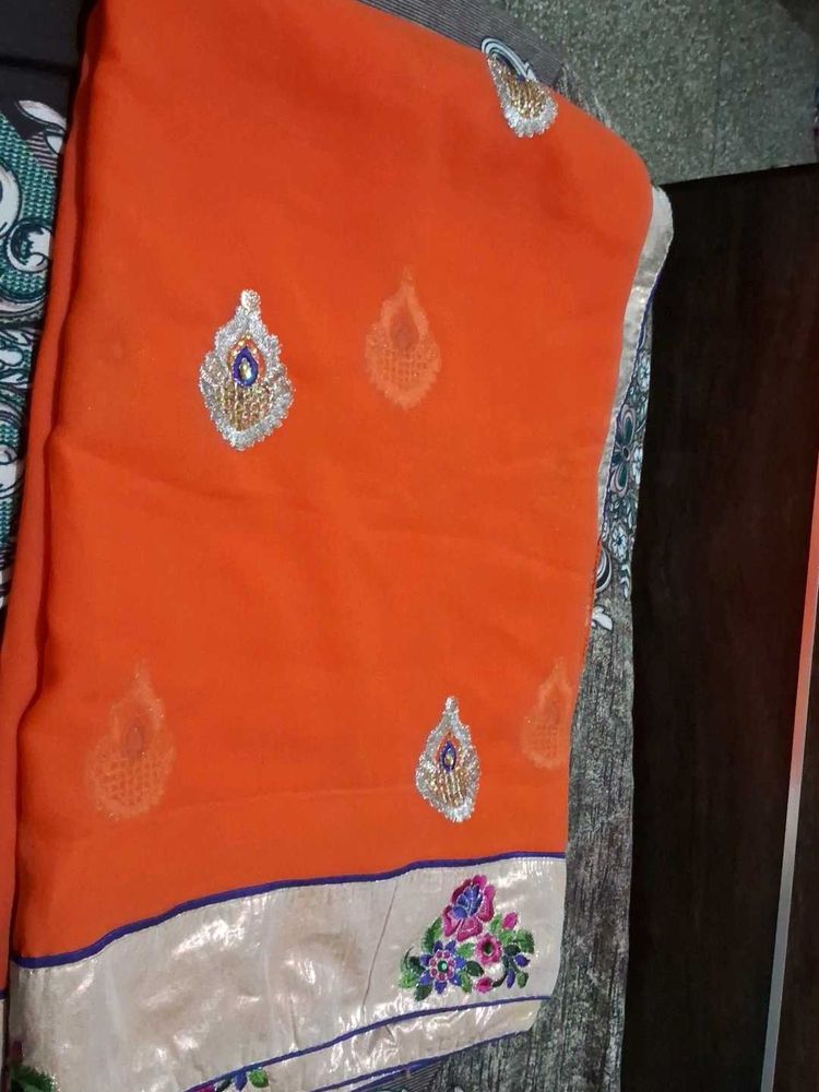 Orange Embroidered Saree