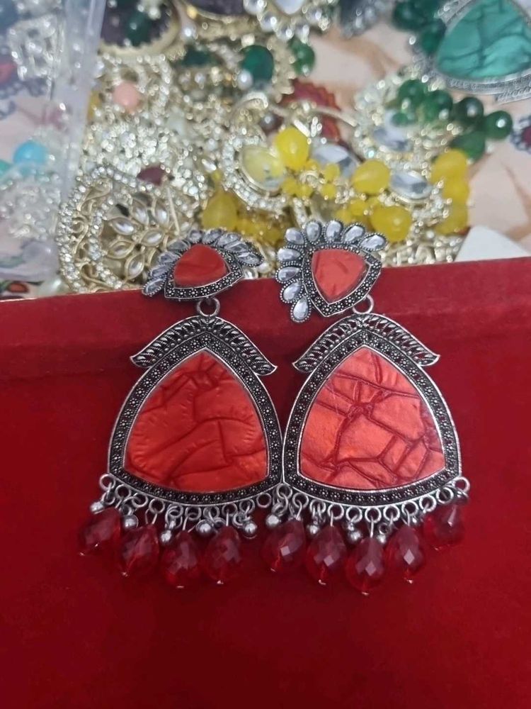Red Stone Silver Dangle Earrings