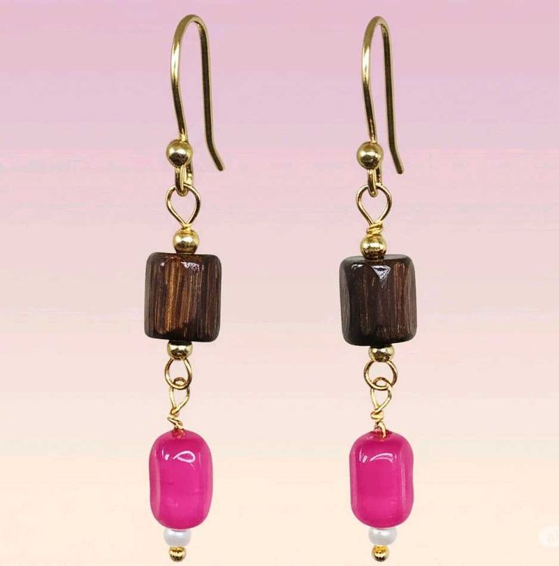 Wooden &amp; Pink Beaded Dangle Earrings