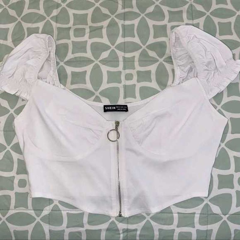 Shein Cotton White Puff Sleeve Crop Top