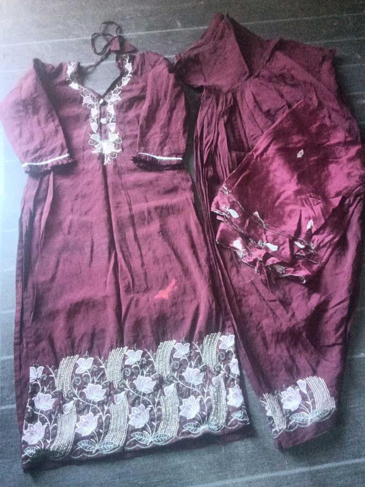 Embroidered Maroon Kurta Set