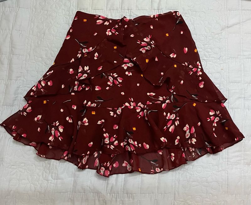 Burgundy Floral Ruffle Mini Skirt