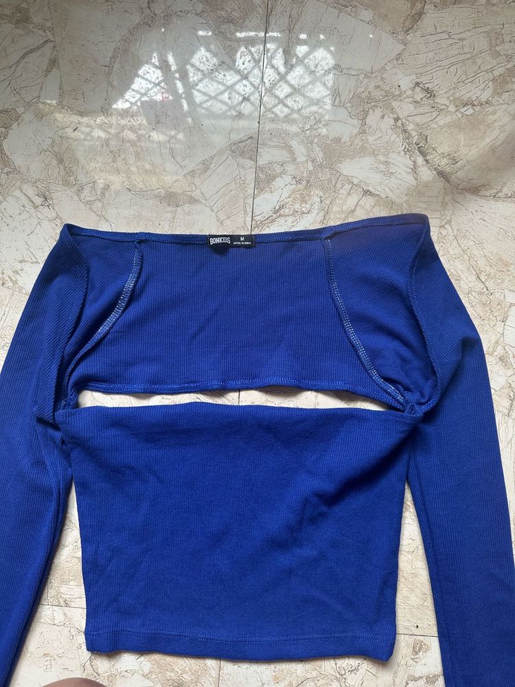 Blue Long Sleeve Cutout Top